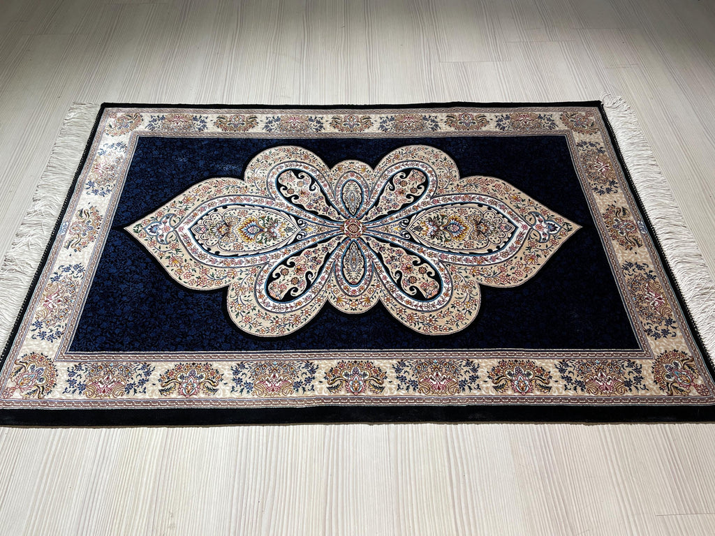 3x5 ft Blue Runner Silk Rug, Medallion Design, Turkish Small Hallway Rug