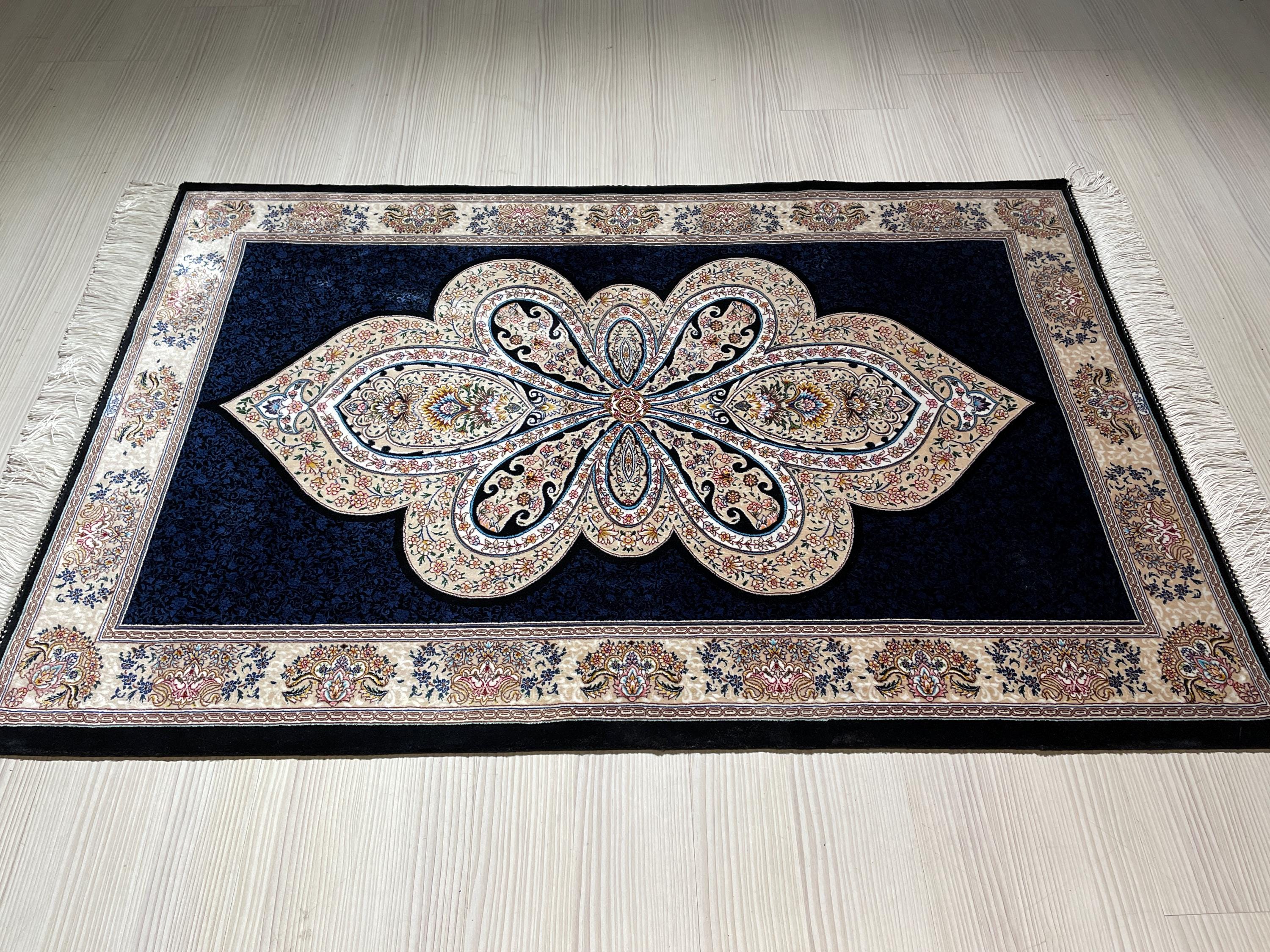 3x5 ft Blue Runner Silk Rug, Medallion Design, Turkish Small Hallway Rug