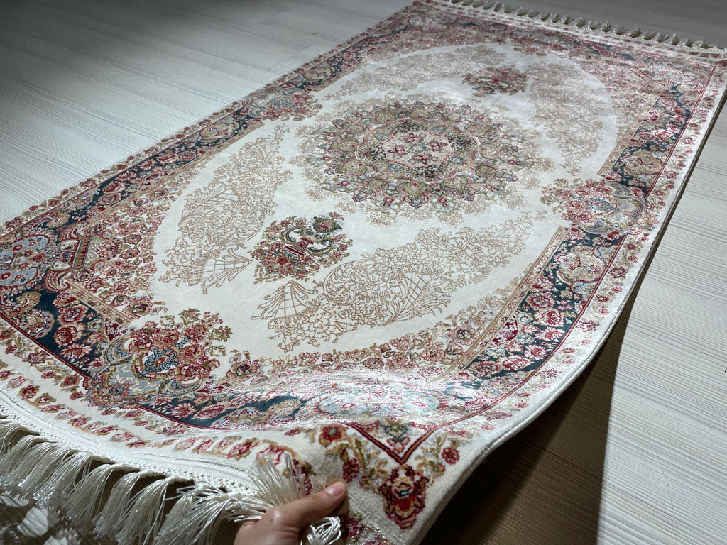3x5 Bamboo Silk Runner Rug, Turkish Hallway Rug, Red Medallion Design, Classic Border Decor