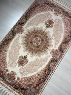 3x5 Bamboo Silk Runner Rug, Turkish Hallway Rug, Red Medallion Design, Classic Border Decor