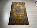 3x5 ft Gold Silk Hallway Runner Rug, Traditional Gray Medallion Area Rug