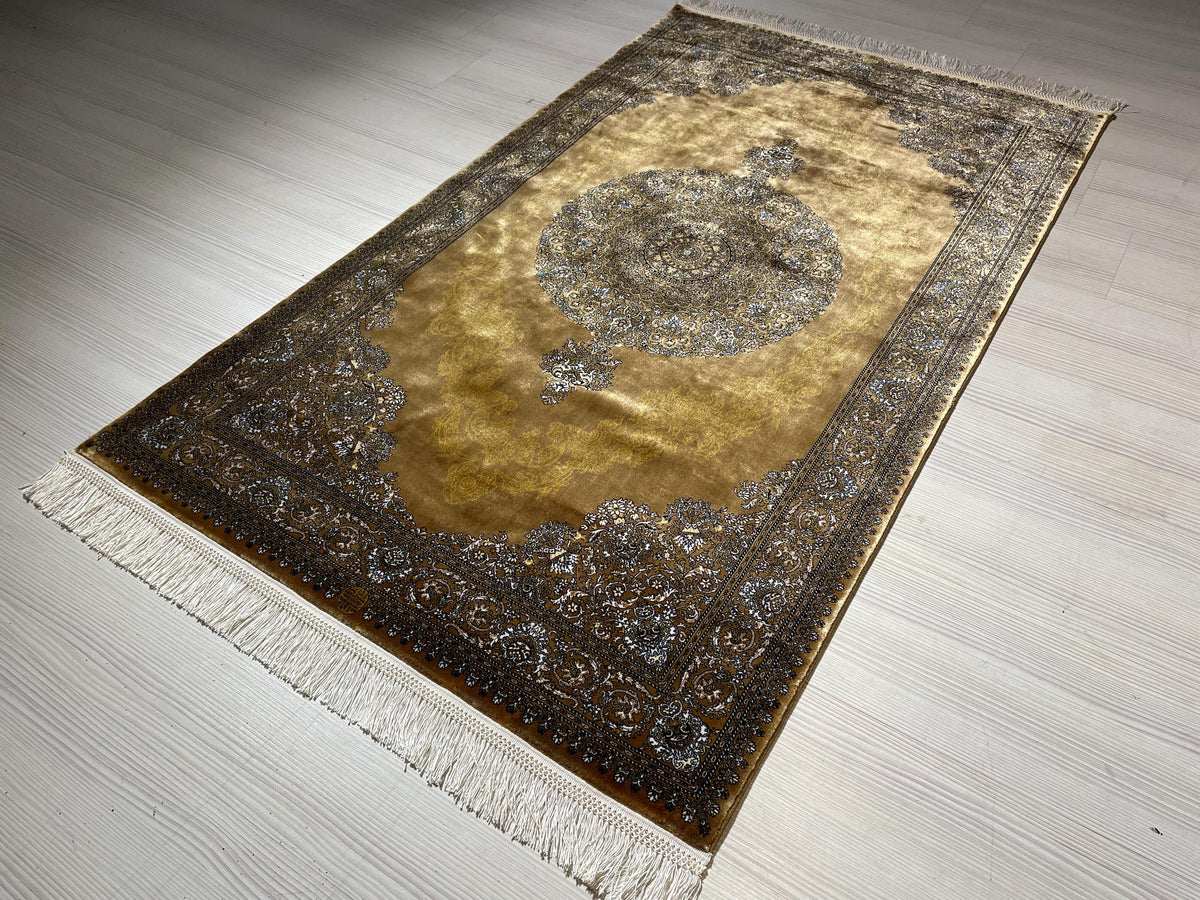 3x5 ft Gold Silk Hallway Runner Rug, Traditional Gray Medallion Area Rug