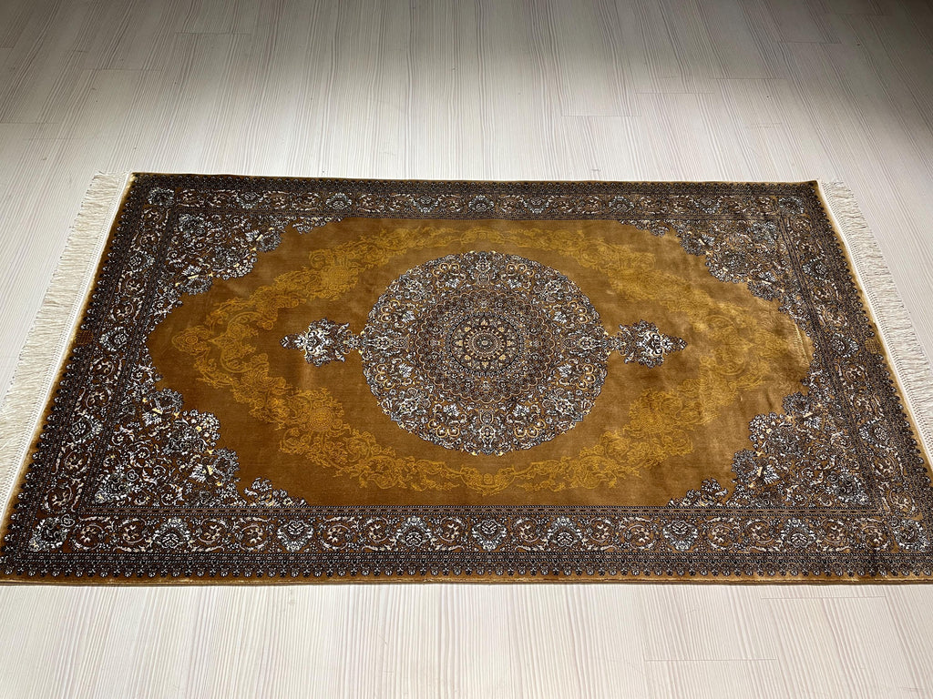 3x5 ft Gold Silk Hallway Runner Rug, Traditional Gray Medallion Area Rug