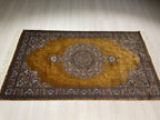 3x5 ft Gold Silk Hallway Runner Rug, Traditional Gray Medallion Area Rug