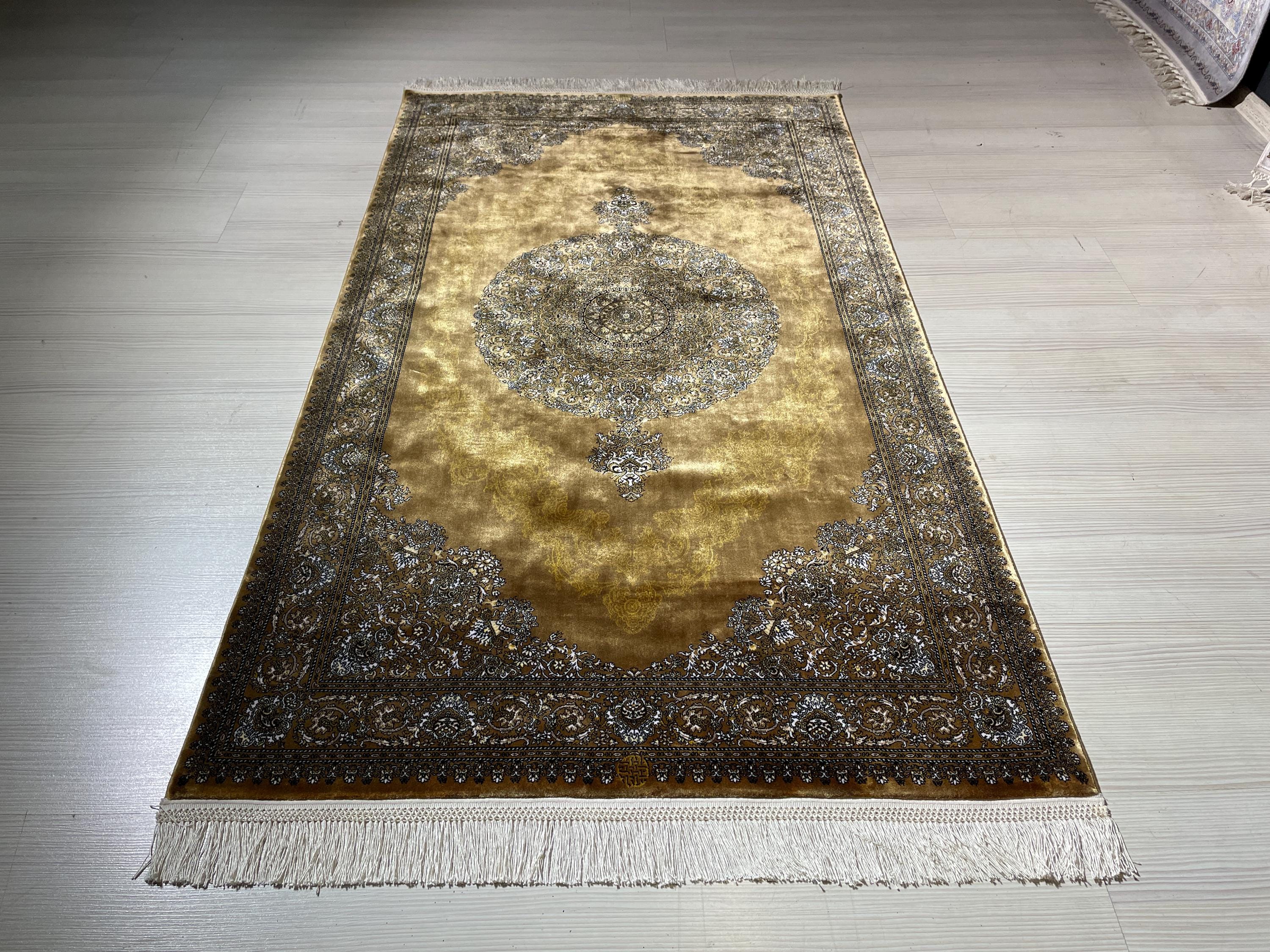 3x5 ft Gold Silk Hallway Runner Rug, Traditional Gray Medallion Area Rug