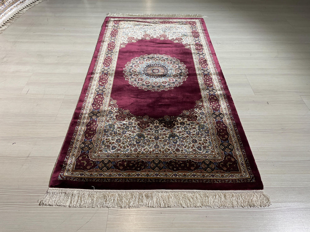 3x5 ft Burgundy Silk Hallway Runner Rug, Traditional Medallion Design, Turkish Style Runner Carpet