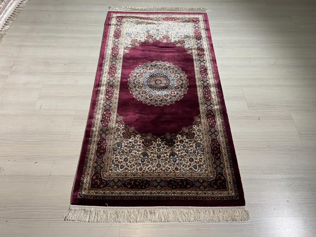 3x5 ft Burgundy Silk Hallway Runner Rug, Traditional Medallion Design, Turkish Style Runner Carpet