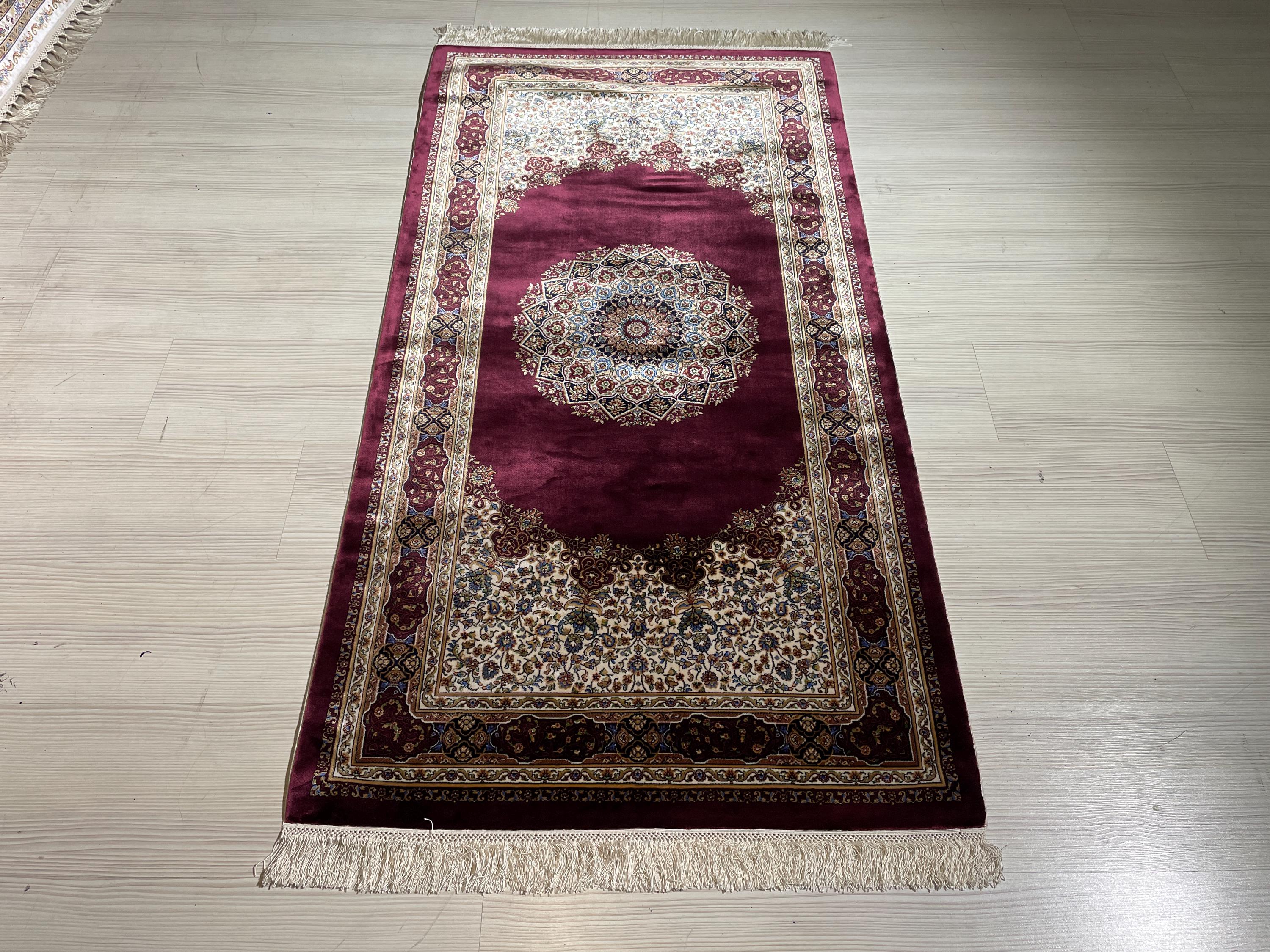 3x5 ft Burgundy Silk Hallway Runner Rug, Traditional Medallion Design, Turkish Style Runner Carpet