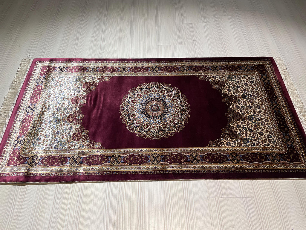 3x5 ft Burgundy Silk Hallway Runner Rug, Traditional Medallion Design, Turkish Style Runner Carpet
