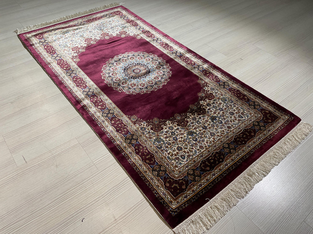3x5 ft Burgundy Silk Hallway Runner Rug, Traditional Medallion Design, Turkish Style Runner Carpet