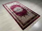 3x5 ft Burgundy Silk Hallway Runner Rug, Traditional Medallion Design, Turkish Style Runner Carpet