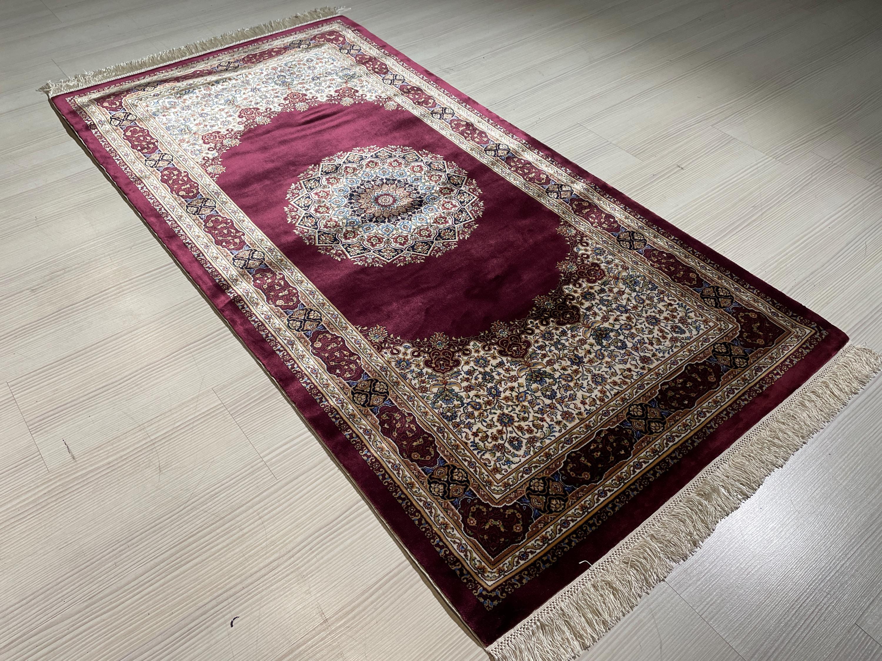 3x5 ft Burgundy Silk Hallway Runner Rug, Traditional Medallion Design, Turkish Style Runner Carpet