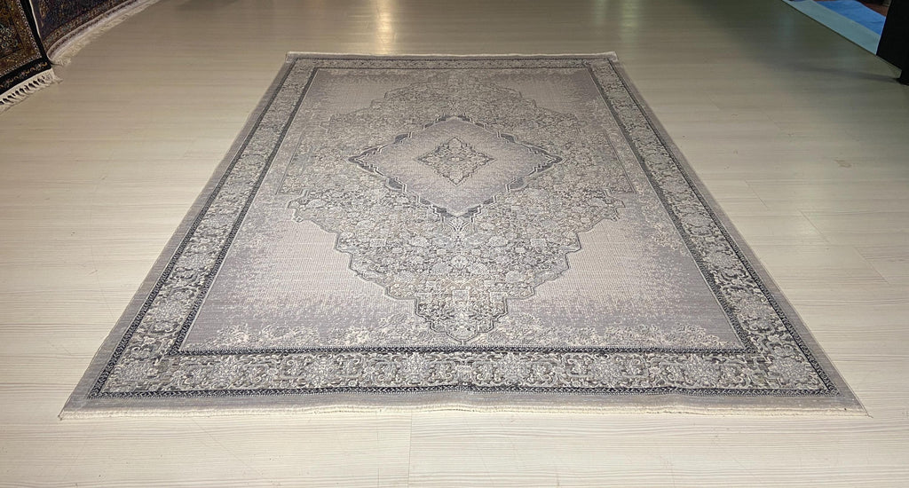 5x8 ft Gray Vintage Bamboo Rug, Distressed Medallion Area Rug, Neutral Living Room Carpet
