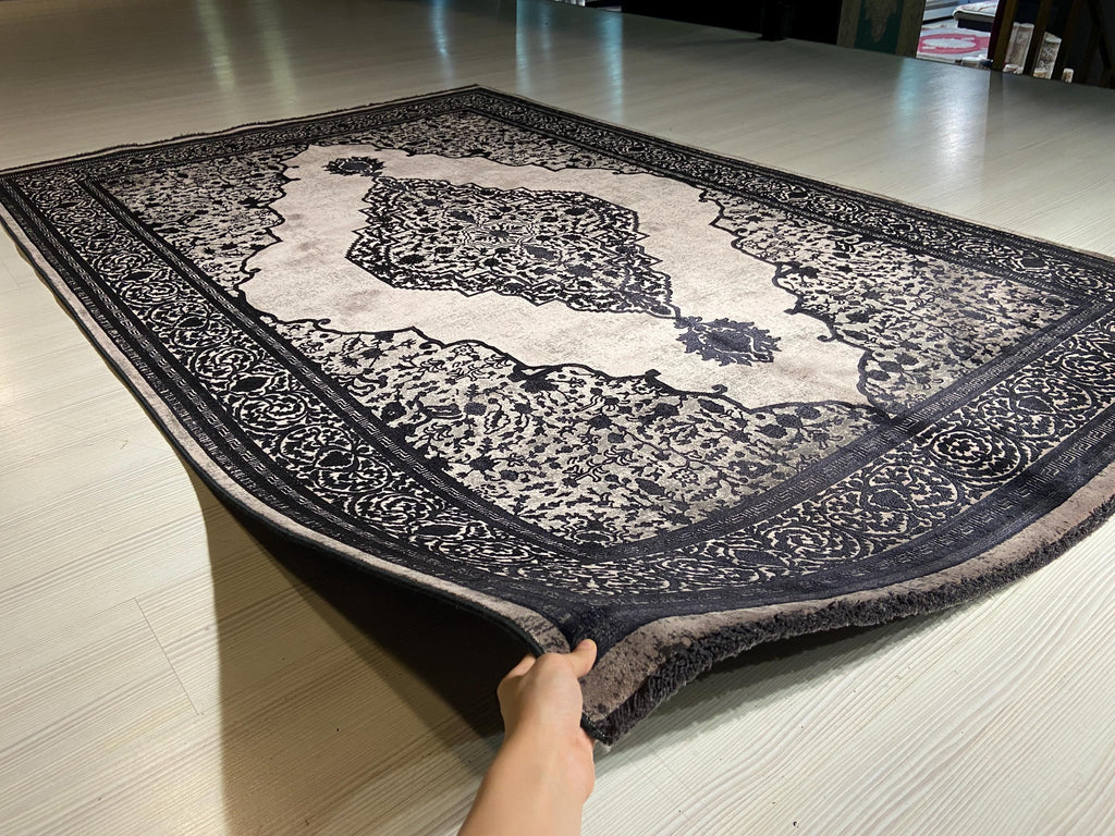 5x8 ft Black Medallion Area Rug, Bamboo Acrylic Rug, Vintage Turkish Living Room Carpet