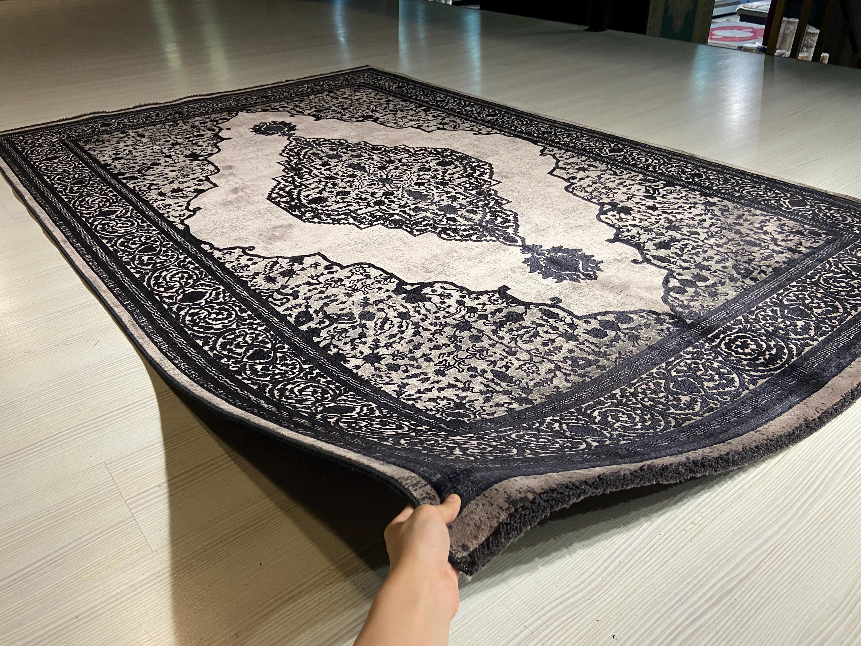5x8 ft Black Medallion Area Rug, Bamboo Acrylic Rug, Vintage Turkish Living Room Carpet