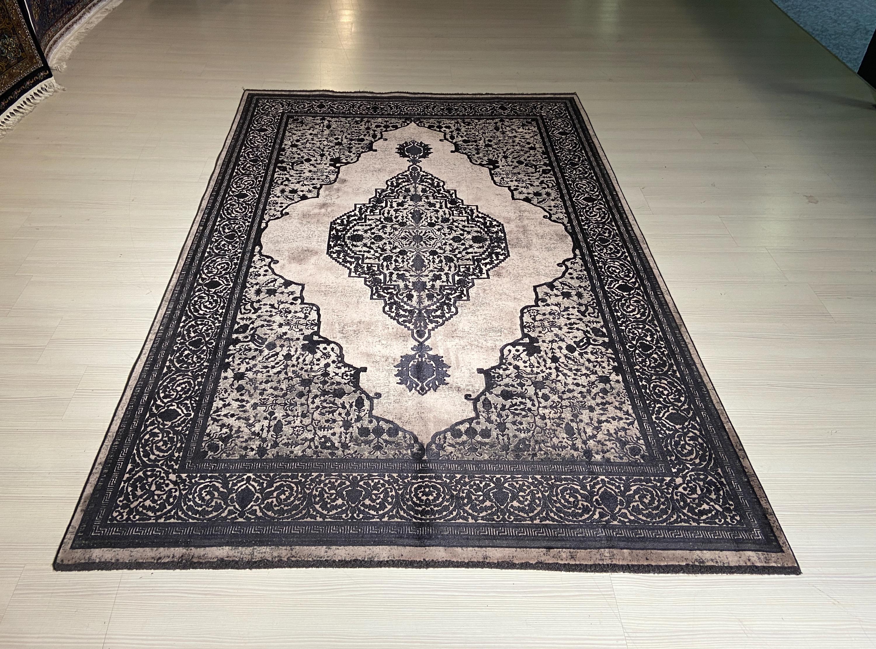 5x8 ft Black Medallion Area Rug, Bamboo Acrylic Rug, Vintage Turkish Living Room Carpet