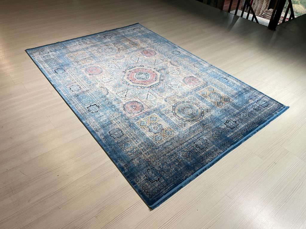 5x8 ft Bamboo Acrylic Blue Rug, Mamluk Pattern Area Rug, Vintage Geometric Living Room Carpet
