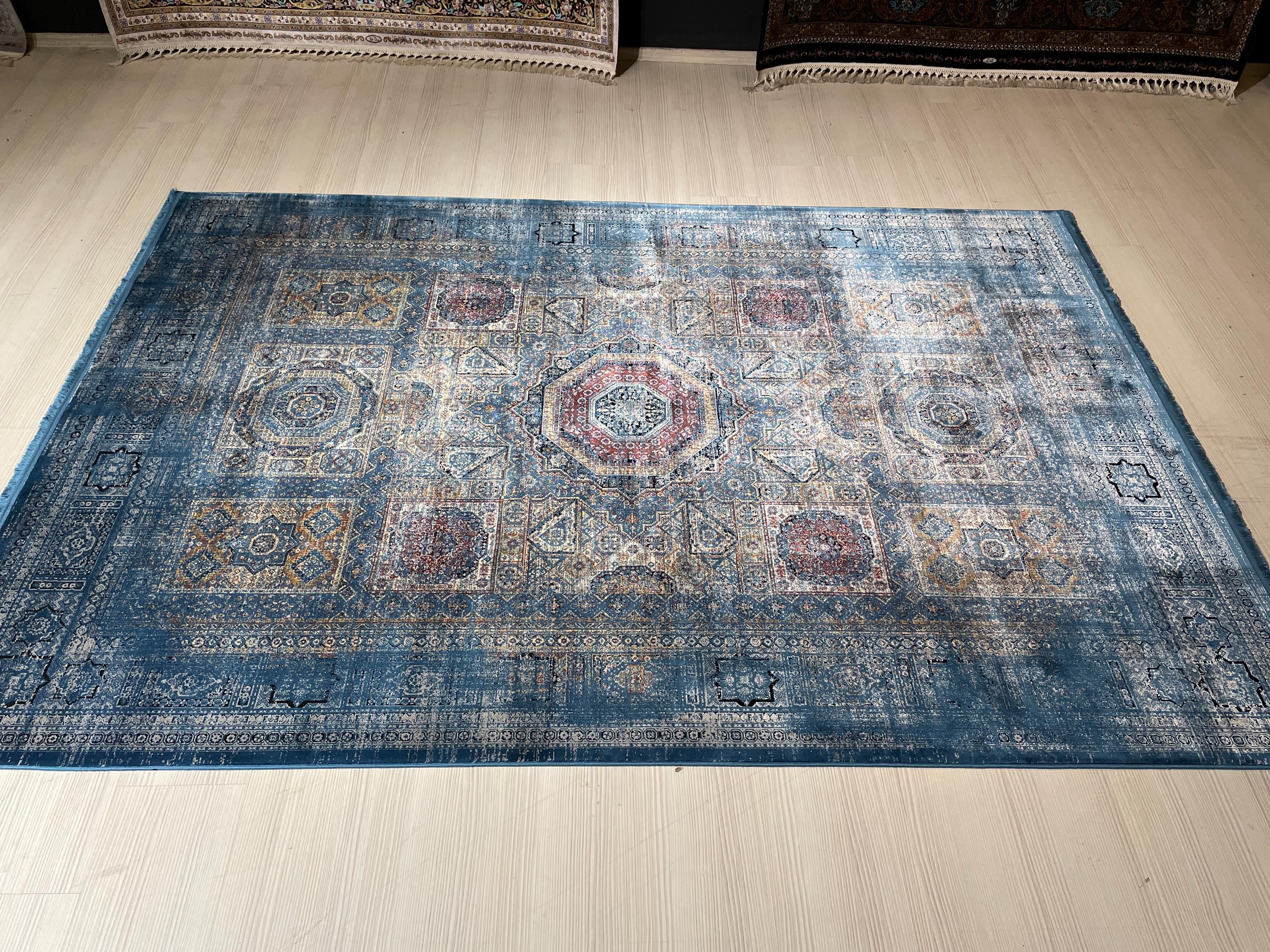 5x8 ft Bamboo Acrylic Blue Rug, Mamluk Pattern Area Rug, Vintage Geometric Living Room Carpet