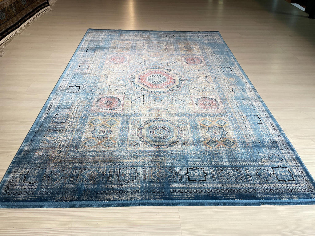 5x8 ft Bamboo Acrylic Blue Rug, Mamluk Pattern Area Rug, Vintage Geometric Living Room Carpet