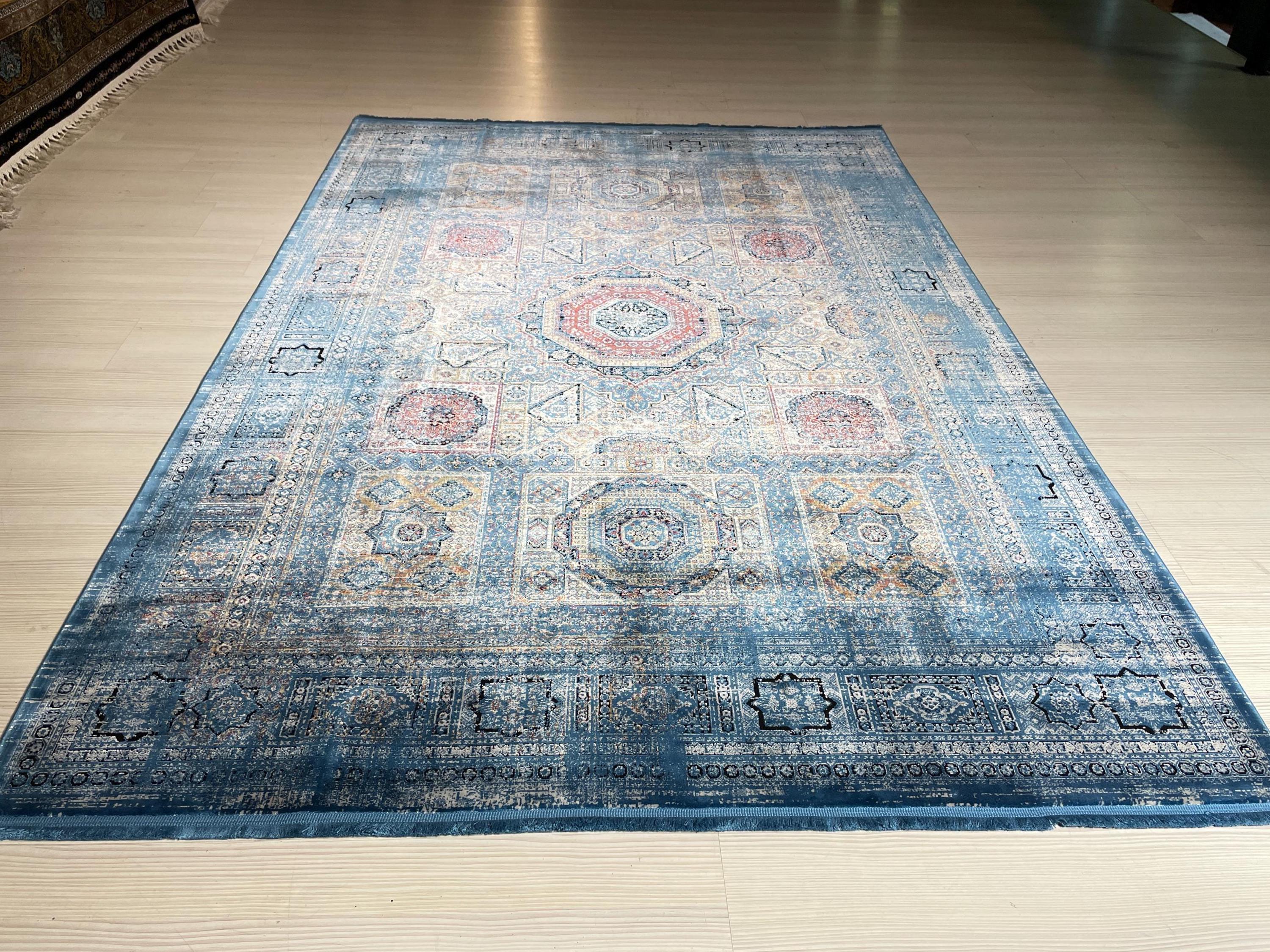 5x8 ft Bamboo Acrylic Blue Rug, Mamluk Pattern Area Rug, Vintage Geometric Living Room Carpet