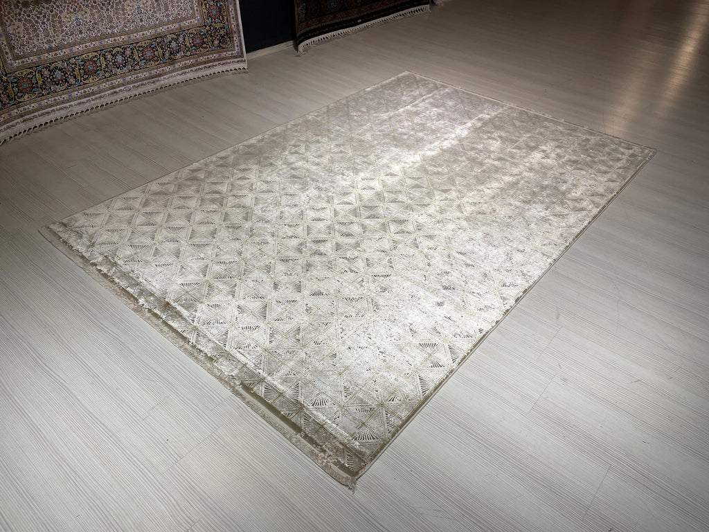 5x8 ft Beige Geometric Rug, Bamboo Acrylic Area Rug, Modern Living Room Carpet