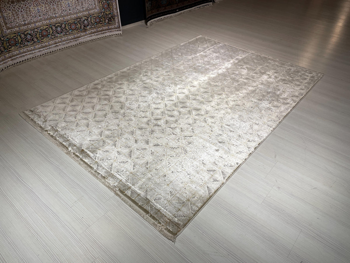 5x8 ft Beige Geometric Rug, Bamboo Acrylic Area Rug, Modern Living Room Carpet