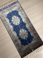 2x4 ft Navy Modal Silk Rug, Turkish Small Rug, Floral Medallion Carpet