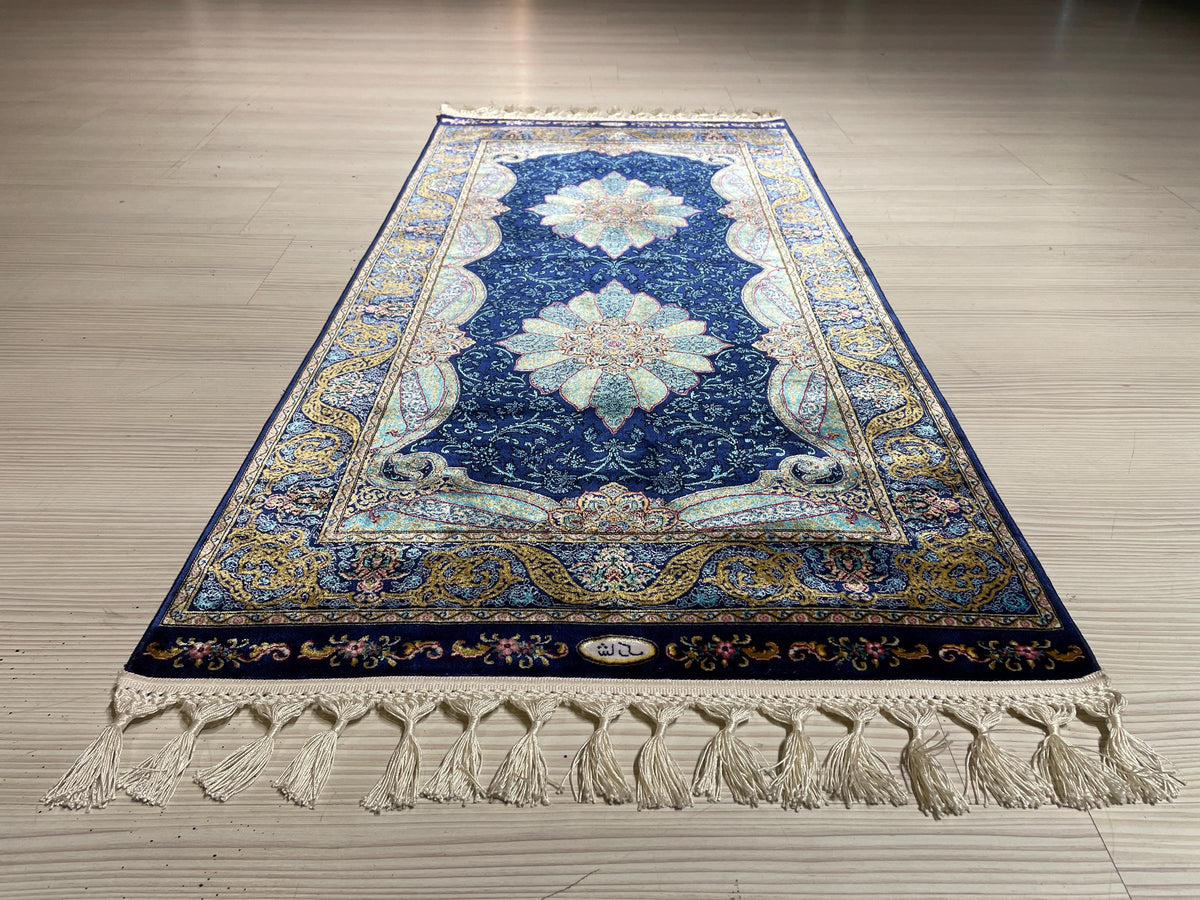 2x4 ft Navy Modal Silk Rug, Turkish Small Rug, Floral Medallion Carpet