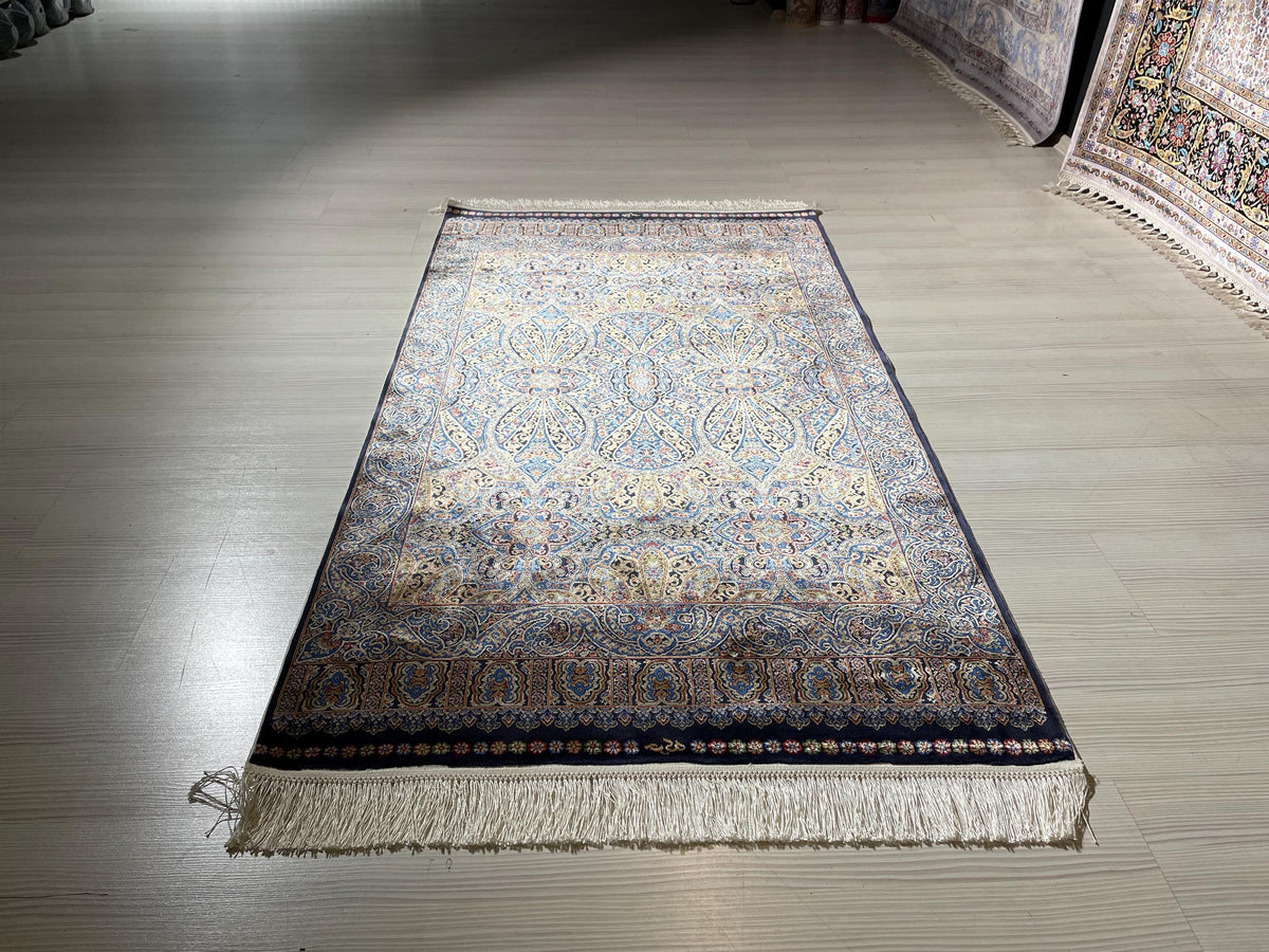 3x5 ft Navy Blue Gold Bamboo Silk Runner Rug, Traditional Modern Hallway Rug