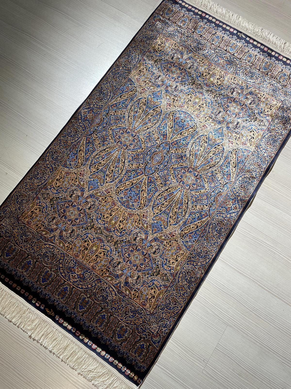3x5 ft Navy Blue Gold Bamboo Silk Runner Rug, Traditional Modern Hallway Rug