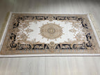 3x5 ft Ivory Navy Blue Bamboo Silk Hallway Runner Rug, Medallion Design Modern Runner Carpet