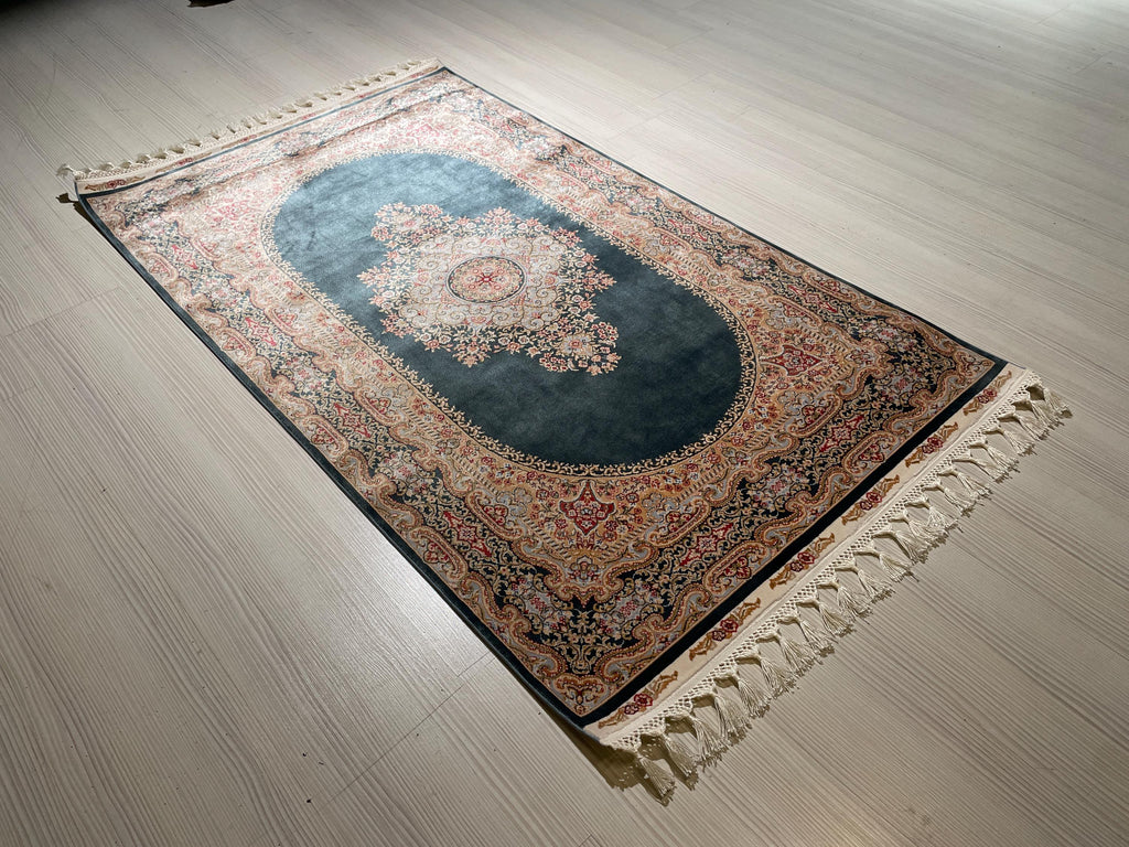 3x5 ft Green Gold Bamboo Silk Small Runner Rug, Medallion Design Traditional Hallway Rug