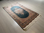 3x5 ft Green Gold Bamboo Silk Small Runner Rug, Medallion Design Traditional Hallway Rug