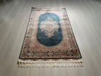 3x5 ft Green Gold Bamboo Silk Small Runner Rug, Medallion Design Traditional Hallway Rug