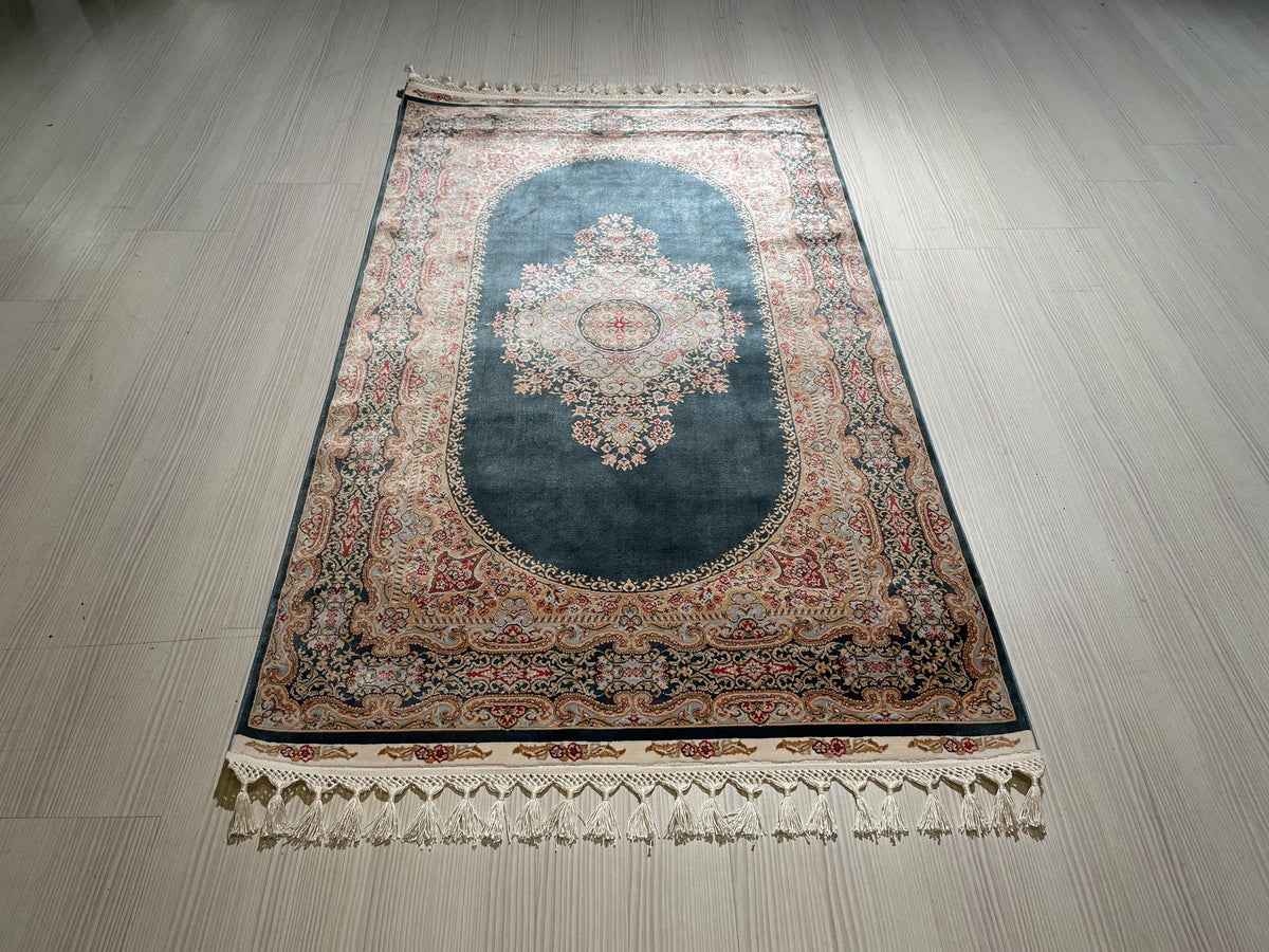 3x5 ft Green Gold Bamboo Silk Small Runner Rug, Medallion Design Traditional Hallway Rug