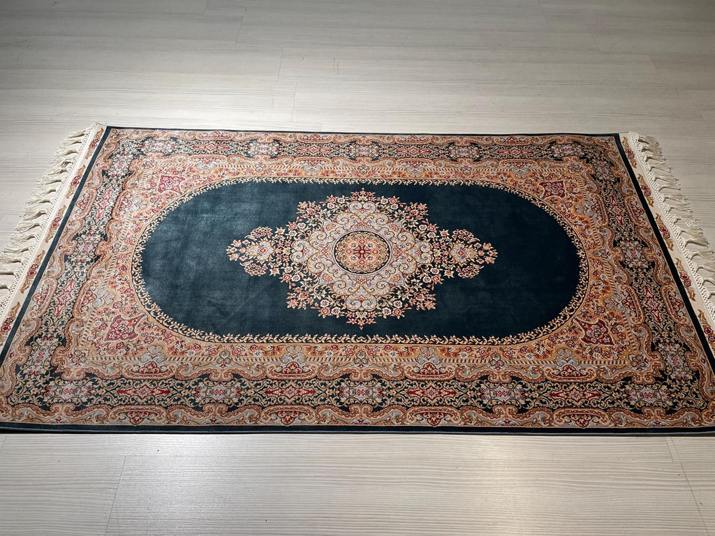 3x5 ft Green Gold Bamboo Silk Small Runner Rug, Medallion Design Traditional Hallway Rug