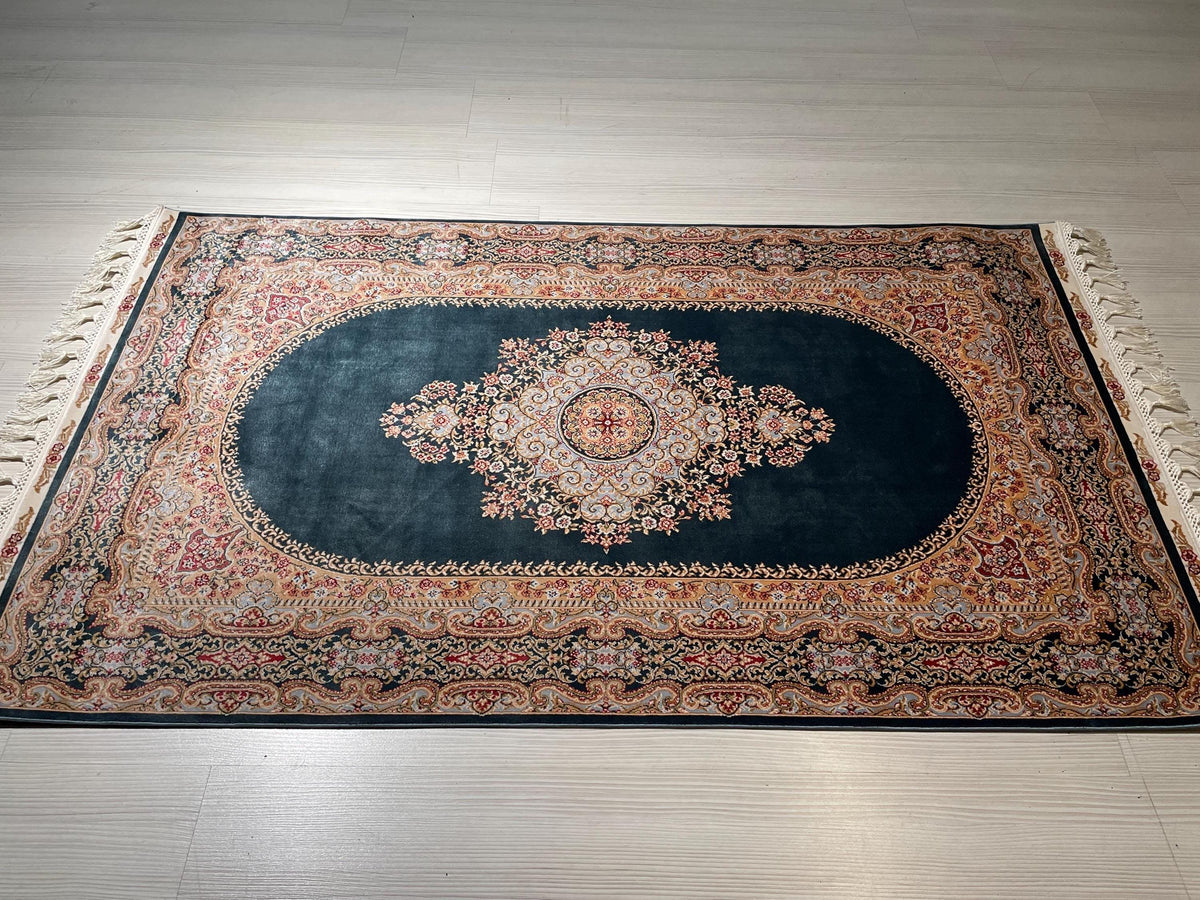 3x5 ft Green Gold Bamboo Silk Small Runner Rug, Medallion Design Traditional Hallway Rug