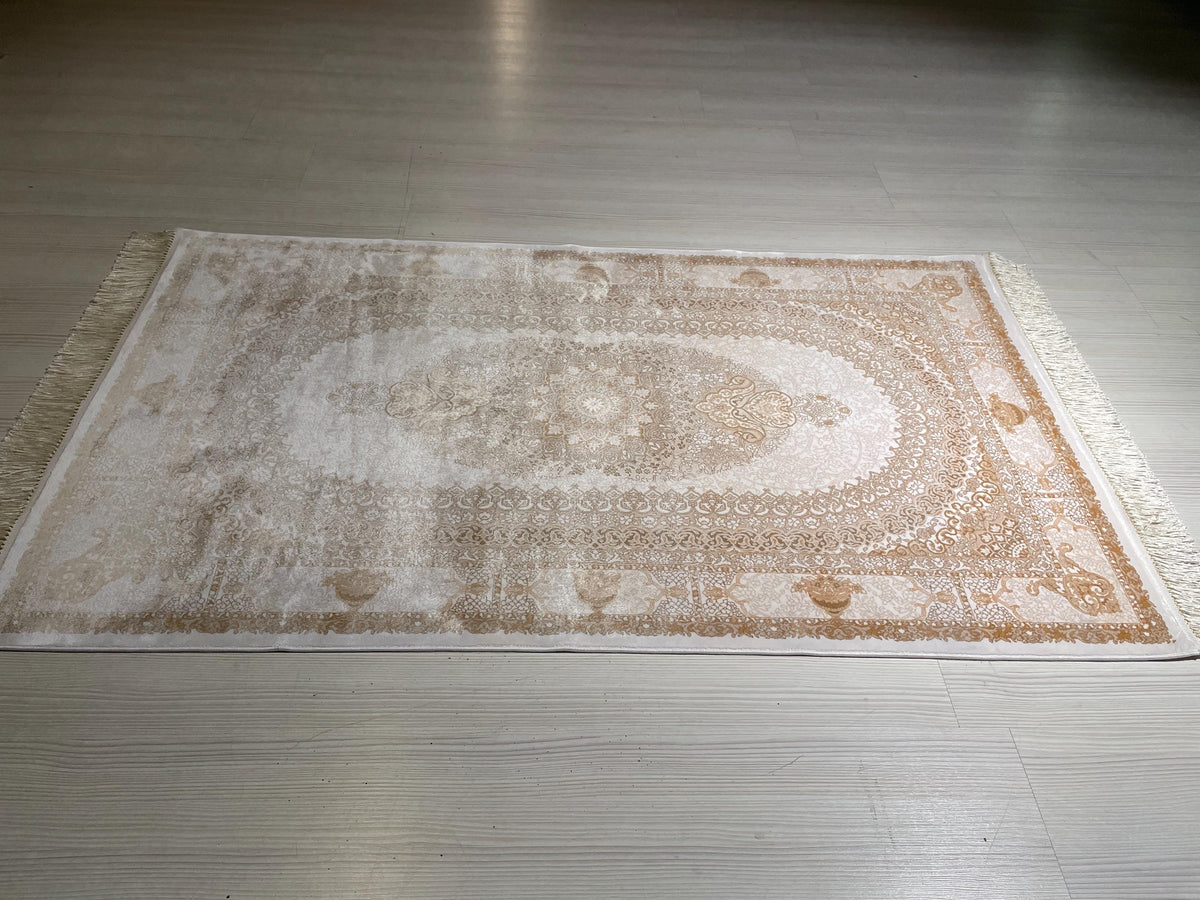 3x5 ft Ivory Gold Bamboo Silk Hallway Rug, Classic Medallion Turkish Style Runner Rug