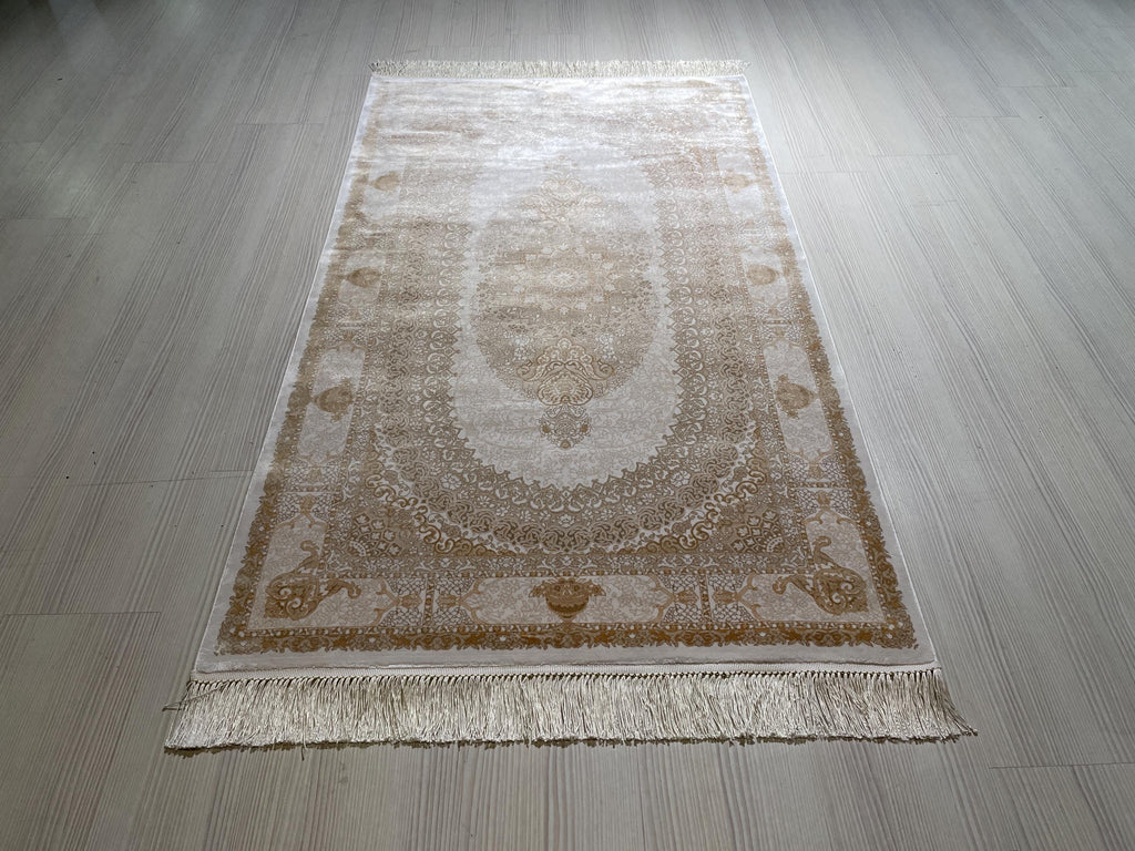 3x5 ft Ivory Gold Bamboo Silk Hallway Rug, Classic Medallion Turkish Style Runner Rug