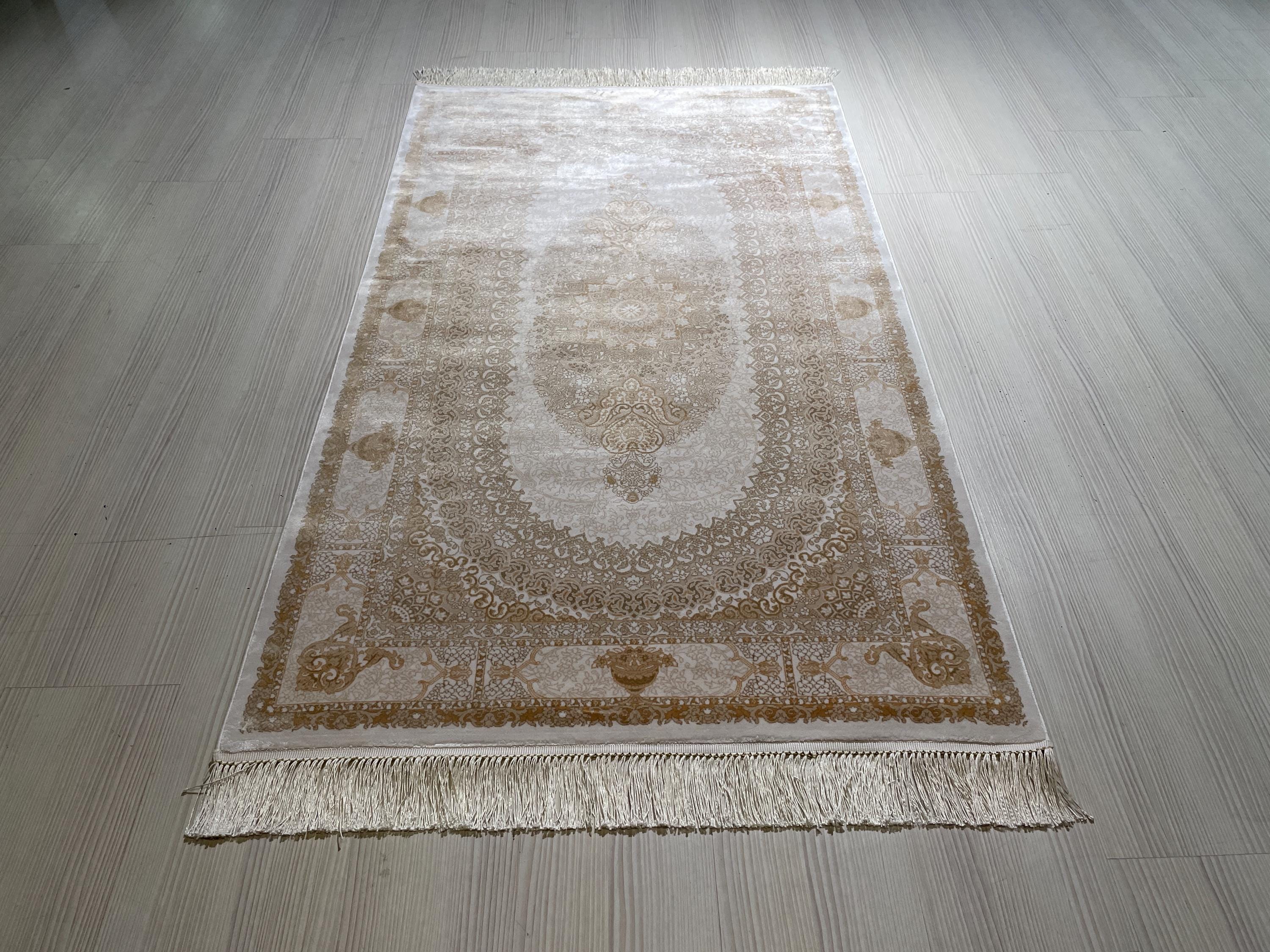 3x5 ft Ivory Gold Bamboo Silk Hallway Rug, Classic Medallion Turkish Style Runner Rug