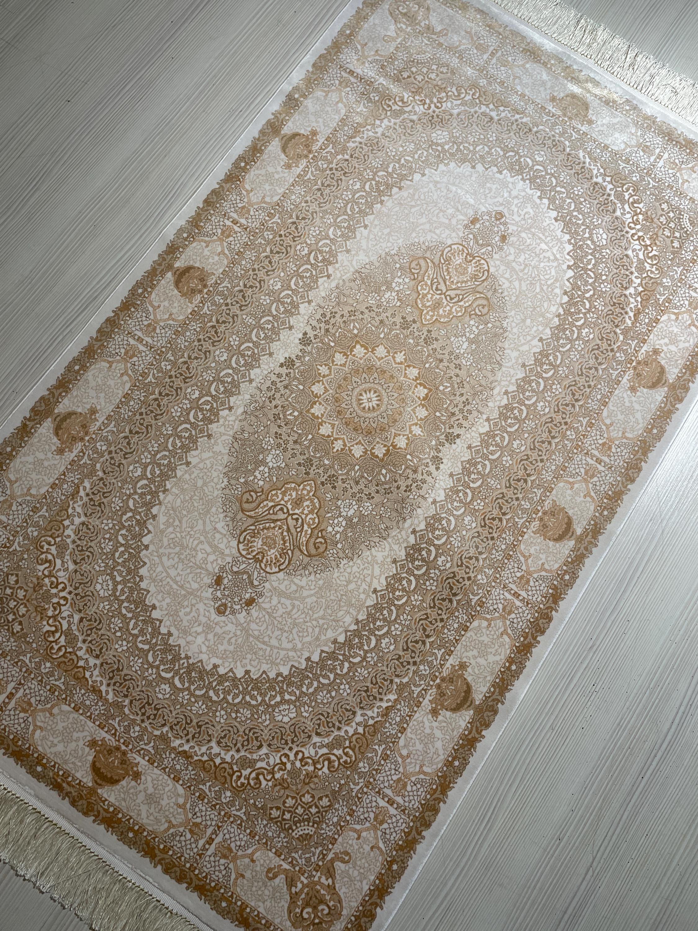 3x5 ft Ivory Gold Bamboo Silk Hallway Rug, Classic Medallion Turkish Style Runner Rug