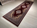 3x10 ft Red Beige Silk Runner Rug, Medallion Design, Traditional Long Hallway Carpet