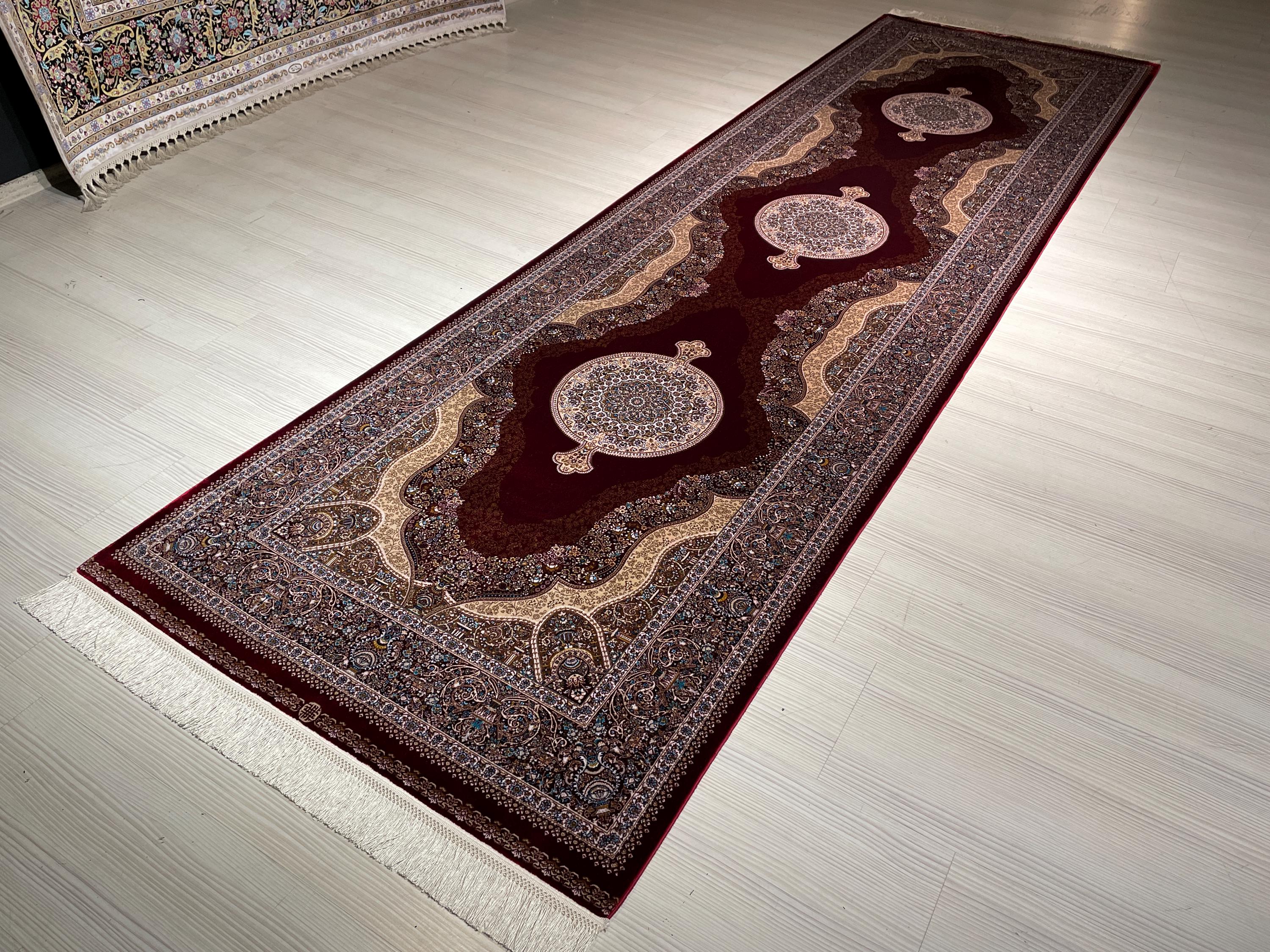3x10 ft Red Beige Silk Runner Rug, Medallion Design, Traditional Long Hallway Carpet