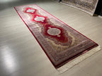 3x10 ft Red Beige Silk Runner Rug, Medallion Design, Traditional Long Hallway Carpet