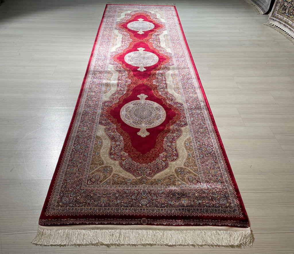 3x10 ft Red Beige Silk Runner Rug, Medallion Design, Traditional Long Hallway Carpet