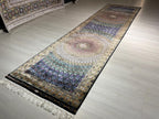 3x10 ft Black Colorful Silk Long Runner Rug, Turkish Style, Modern Luxury Hallway Rug