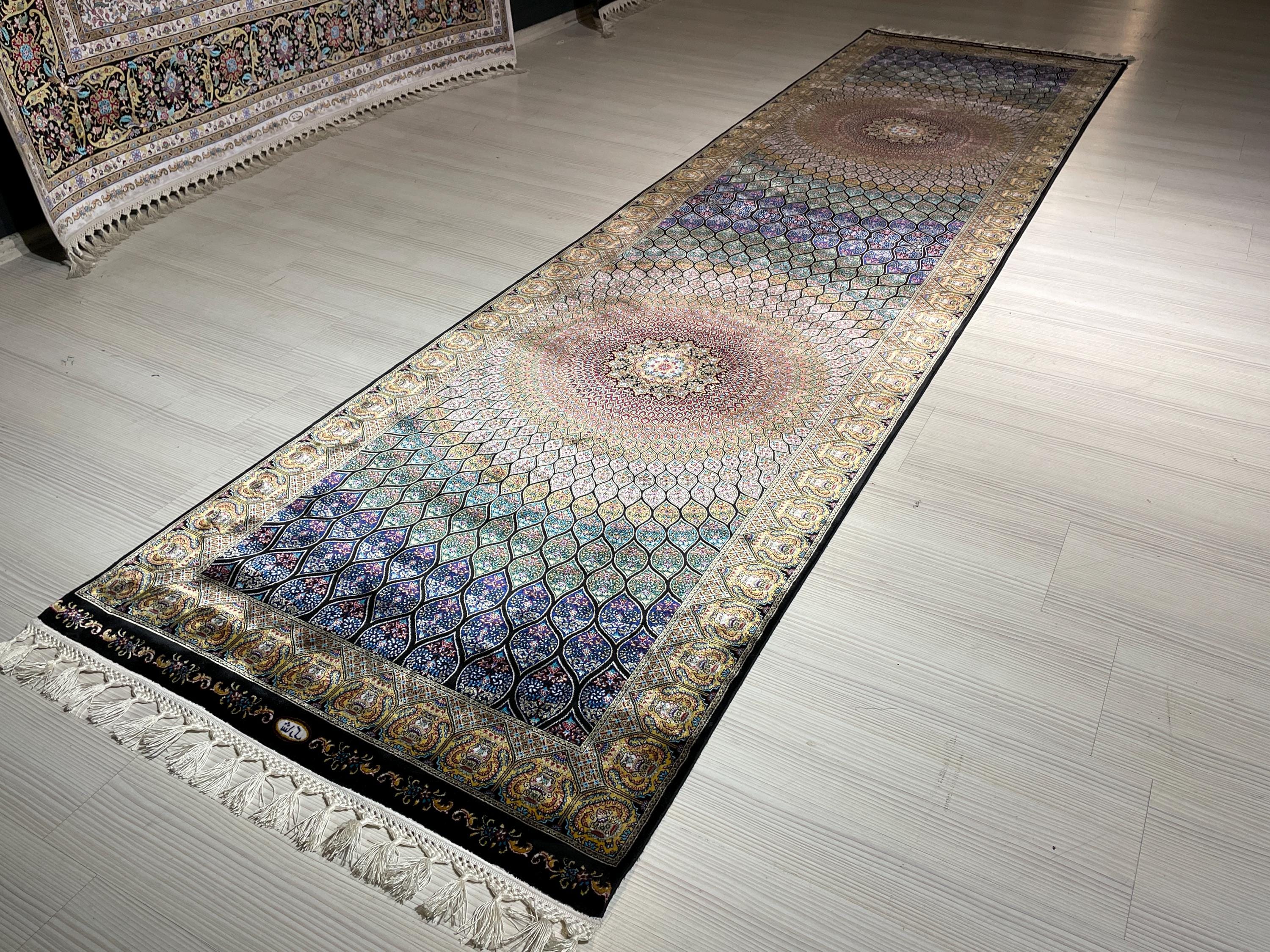 3x10 ft Black Colorful Silk Long Runner Rug, Turkish Style, Modern Luxury Hallway Rug