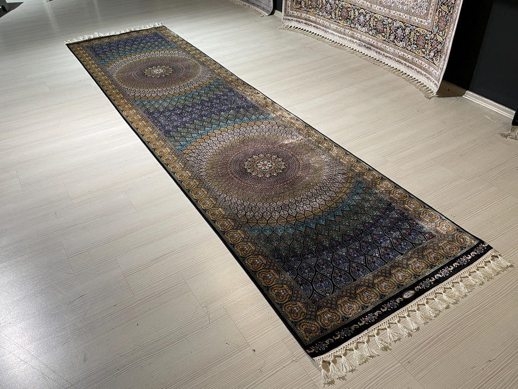 3x10 ft Black Colorful Silk Long Runner Rug, Turkish Style, Modern Luxury Hallway Rug