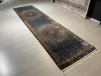 3x10 ft Black Colorful Silk Long Runner Rug, Turkish Style, Modern Luxury Hallway Rug
