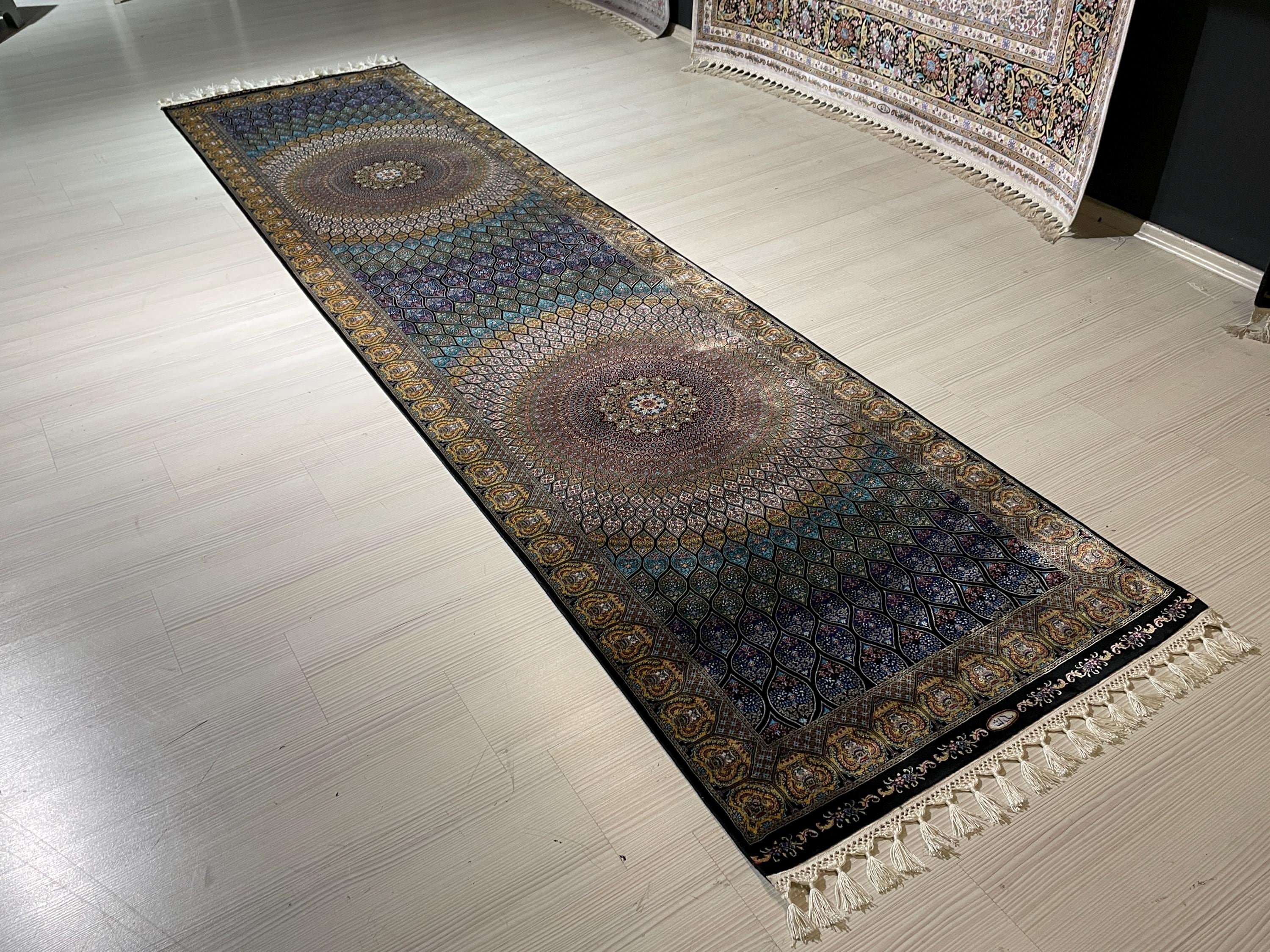 3x10 ft Black Colorful Silk Long Runner Rug, Turkish Style, Modern Luxury Hallway Rug
